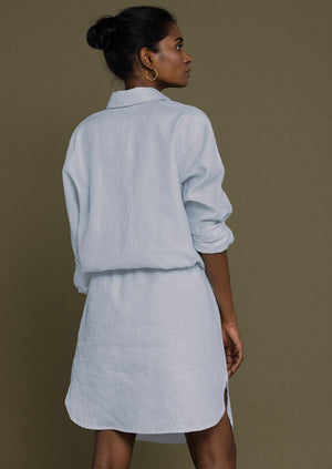 summer blue collared shirt dress with a drawstring on the waist to give it more definition.